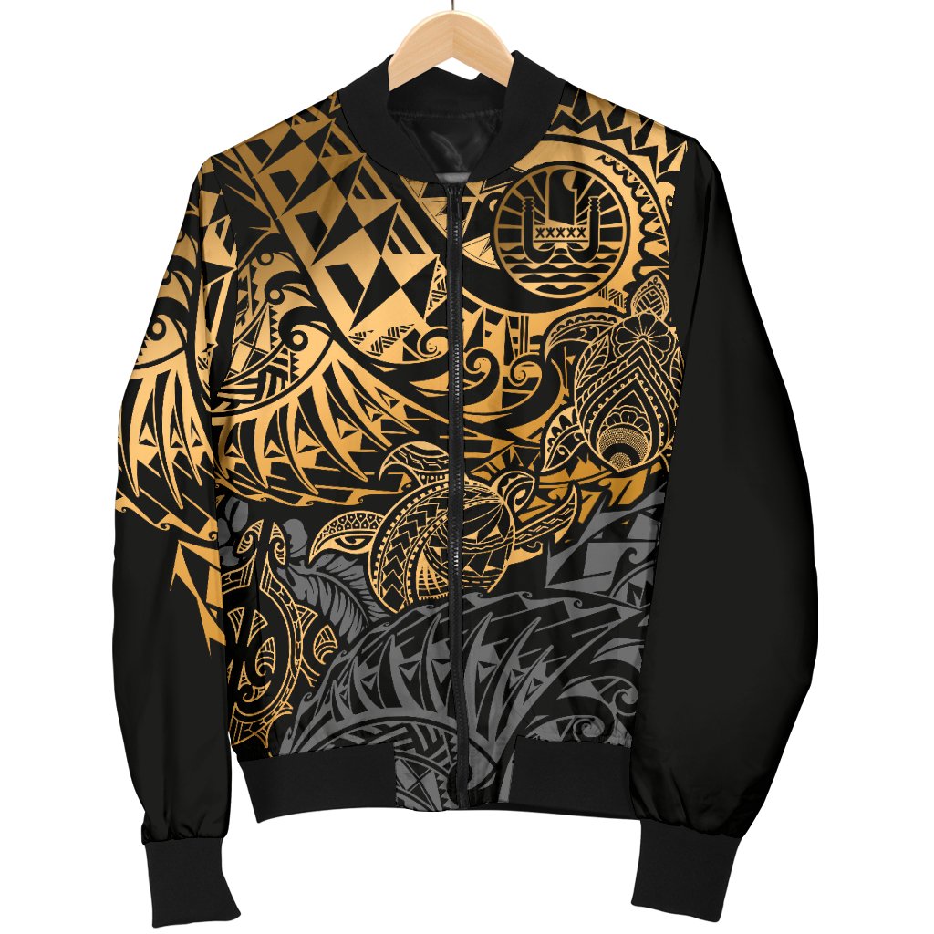 Tahiti Polynesian Men Bomber Jacket - Gold Turtle Hibiscus Flowing - Polynesian Pride