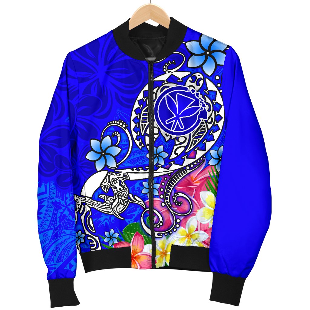 Hawaii Men's Bomber Jacket - Turtle Plumeria Polynesian Tattoo Blue Color - Polynesian Pride