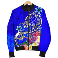 Hawaii Men's Bomber Jacket - Turtle Plumeria Polynesian Tattoo Blue Color - Polynesian Pride