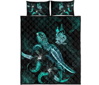 New Caledonia Polynesian Quilt Bed Set - Turtle With Blooming Hibiscus Turquoise - Polynesian Pride