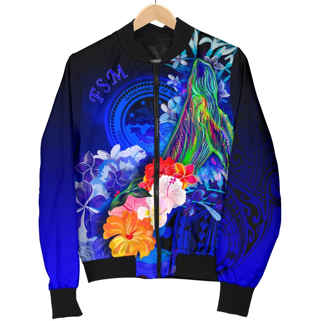 Federated States of Micronesia Men's Bomber Jacket - Humpback Whale with Tropical Flowers (Blue) - Polynesian Pride