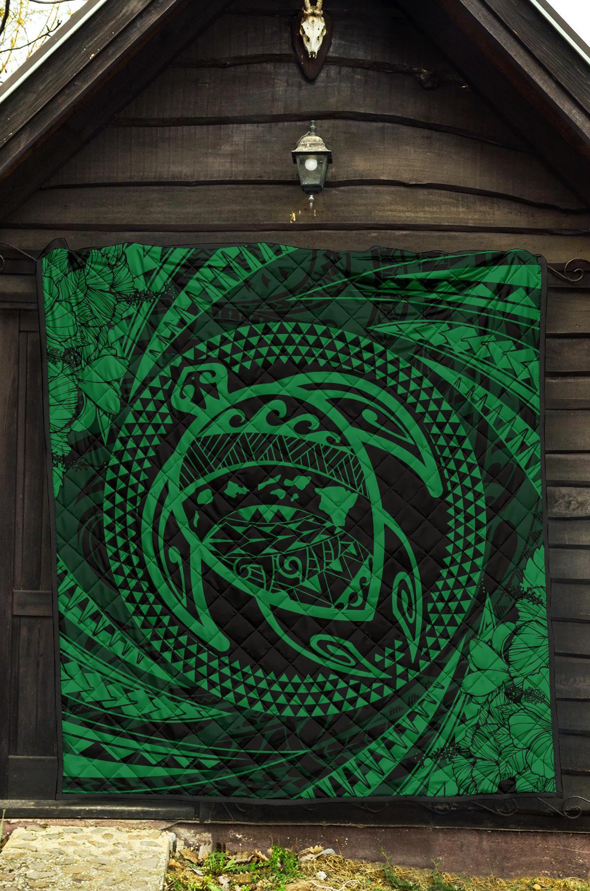 Hawaiian Kanaka Honu Hibiscus Tornando Green Polynesian Premium Quilt - Polynesian Pride