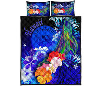 Polynesian Hawaii Quilt Bed Set - Humpback Whale with Tropical Flowers (Blue) - Polynesian Pride