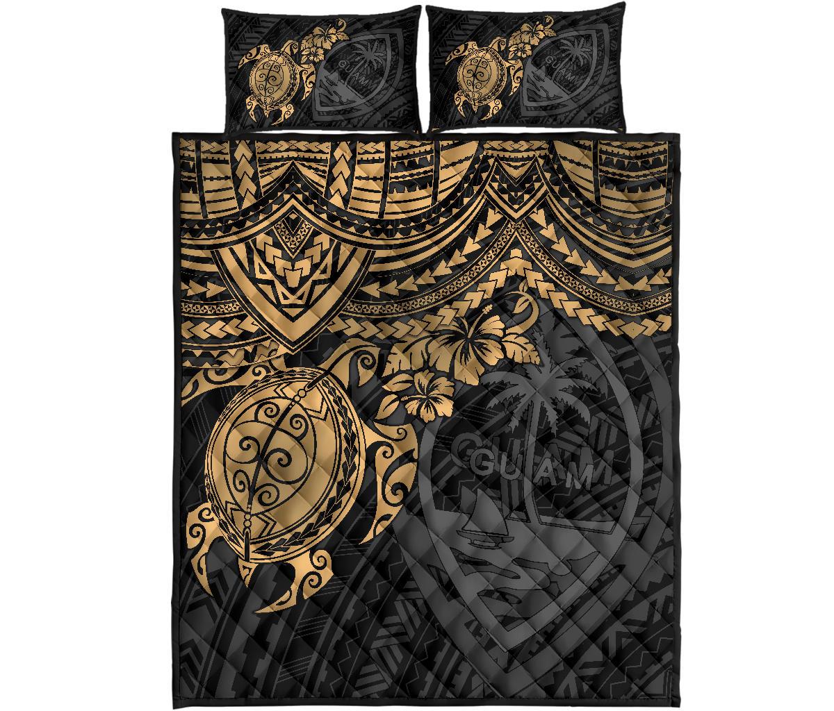 Guam Polynesian Quilt Bed Set - Guam Coat Of Arms & Golden Turtle Hibiscus - Polynesian Pride
