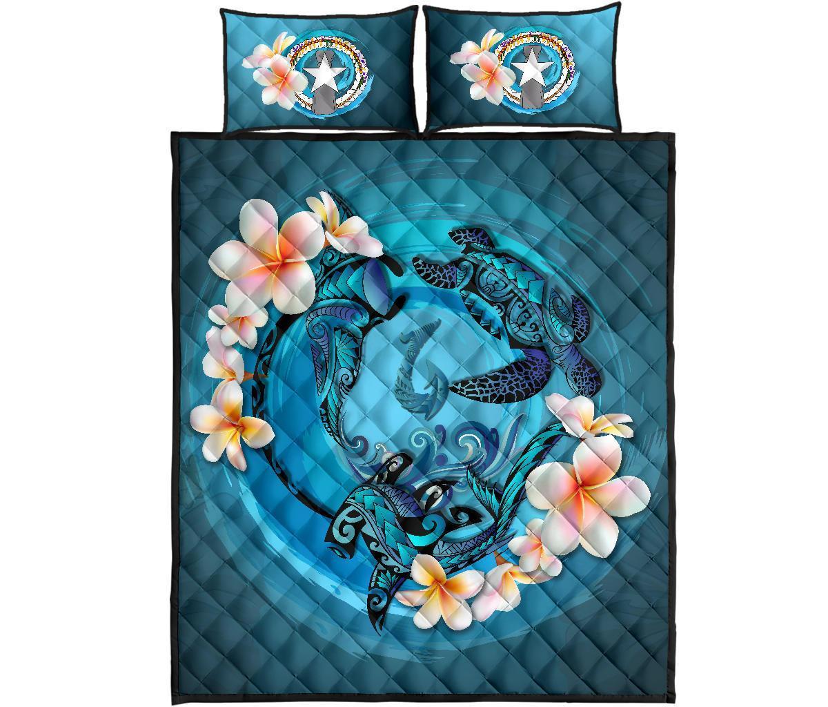 Northern Mariana Islands Polynesian Quilt Bed Set - Blue Plumeria Animal Tattoo - Polynesian Pride