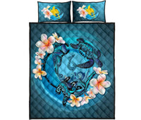 Papua New Guinea 3 Polynesian Quilt Bed Set - Blue Plumeria Animal Tattoo - Polynesian Pride
