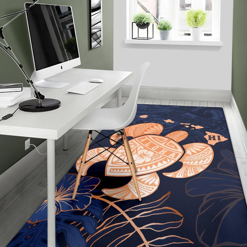 Hawaiian Map Hibiscus Turtle Polynesian Indigo Luxury - Rug - Polynesian Pride