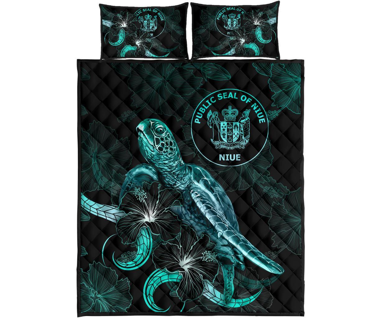 Niue Polynesian Quilt Bed Set - Turtle With Blooming Hibiscus Turquoise - Polynesian Pride