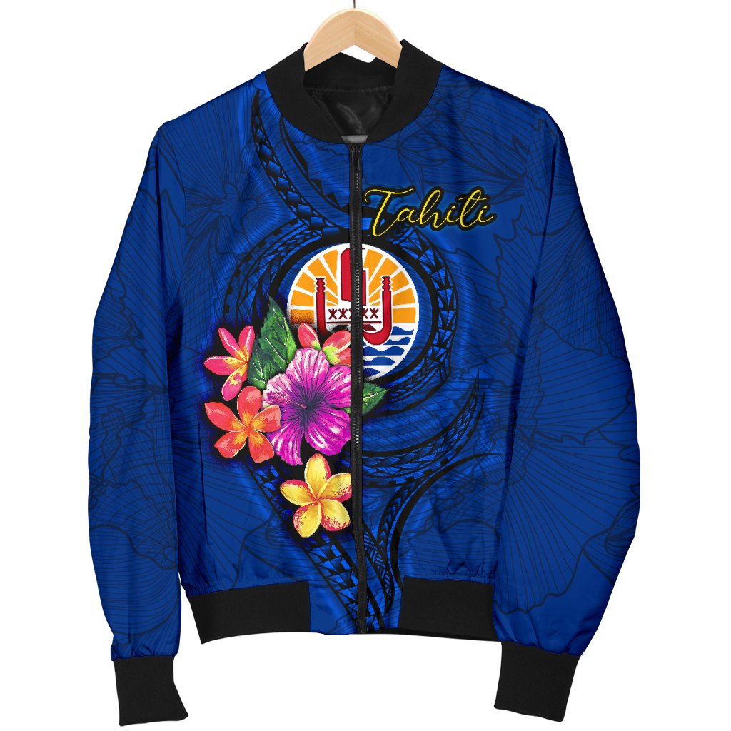Tahiti Polynesian Men's Bomber Jacket - Floral With Seal Blue - Polynesian Pride