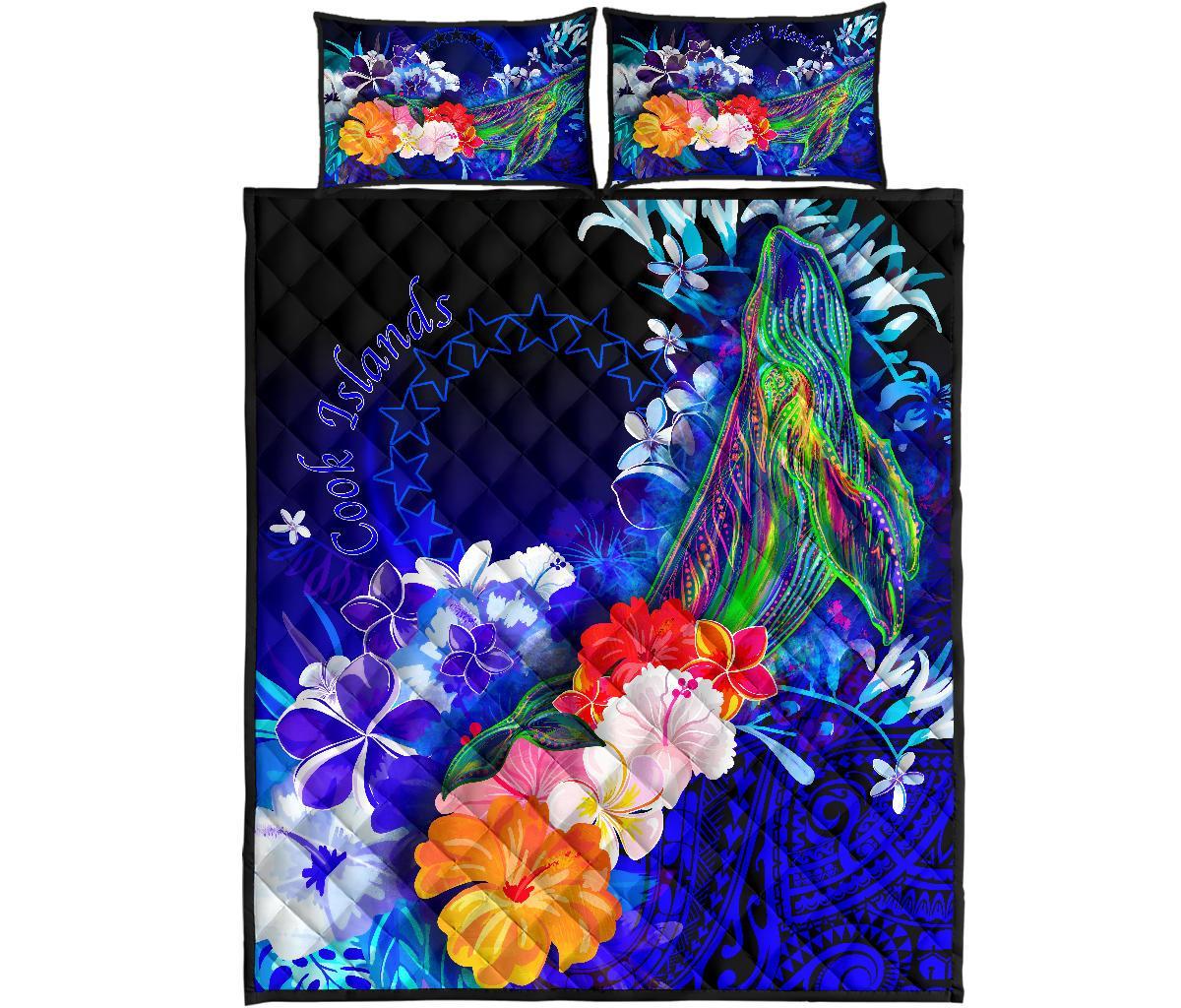 Cook Islands Quilt Bed Set - Humpback Whale with Tropical Flowers (Blue) - Polynesian Pride