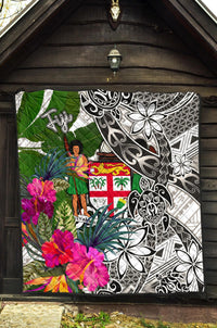 Fiji Premium Quilt White - Turtle Plumeria Banana Leaf Crest - Polynesian Pride
