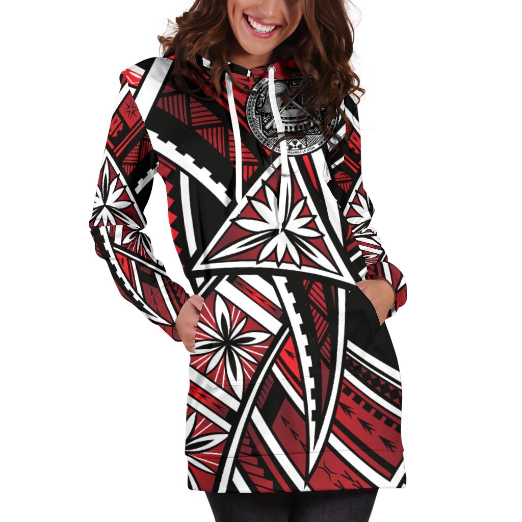 American Women's Hoodie Dress - Tribal Flowers Special Pattern Red Color - Polynesian Pride