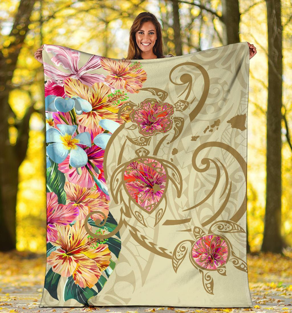 Hawaii Triple Marble Turtle Polynesian Hibiscus Premium Blanket - AH - Benjamin Style - Beige - Polynesian Pride
