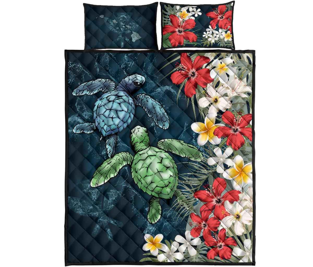 Kanaka Maoli (Hawaiian) Quilt Bed Set - Sea Turtle Tropical Hibiscus And Plumeria Blue - Polynesian Pride