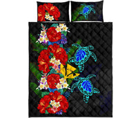 Kanaka Maoli (Hawaiian) Quilt Bed Set - Polynesian Hibiscus Turtle Palm Leaves Blue - Polynesian Pride