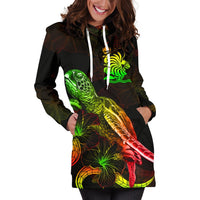 New Caledonia Polynesian Hoodie Dress - Turtle With Blooming Hibiscus Reggae - Polynesian Pride