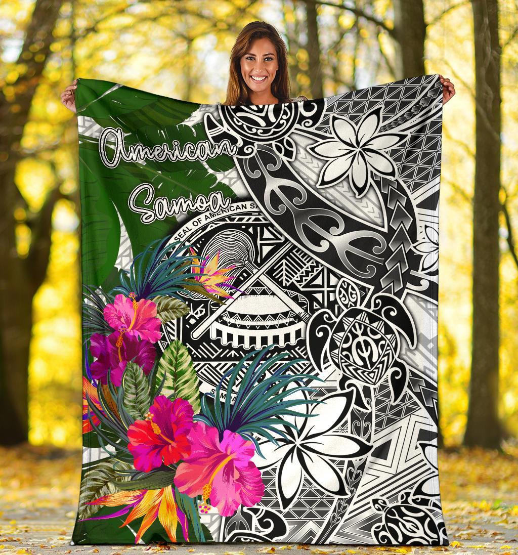 American Samoa Premium Blanket White - Turtle Plumeria Banana Leaf - Polynesian Pride