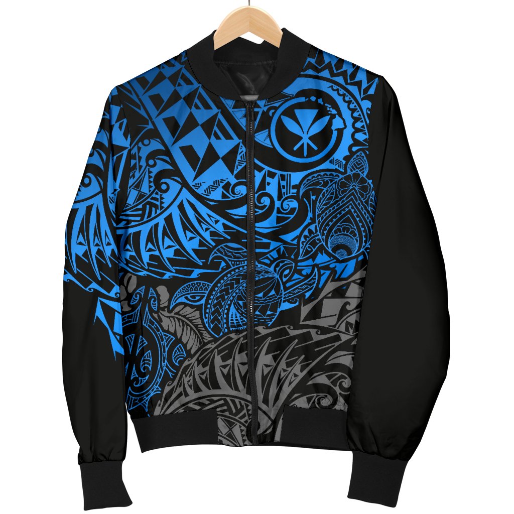 Polynesian Hawaii (Kanaka Maoli) Men Bomber Jacket - Blue Hibiscus Turtle Flowing - Polynesian Pride