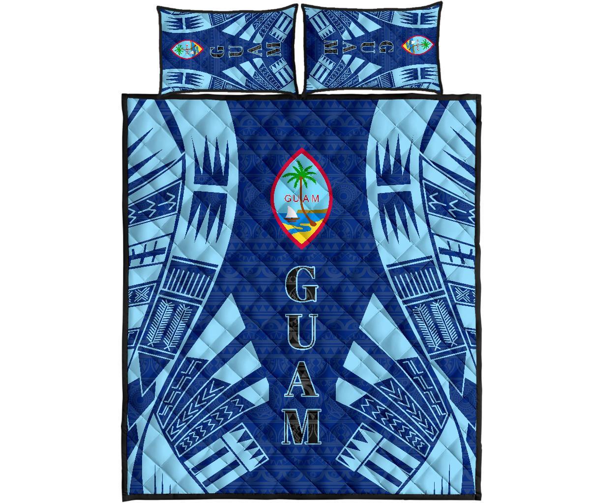 Guam Quilt Bed Set - Guam Coat Of Arms Polynesian Tattoo Style Blue - Polynesian Pride