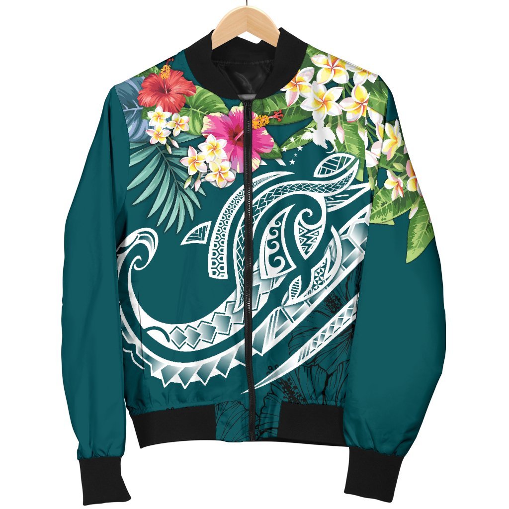 Papua New Guinea Polynesian Men's Bomber Jacket - Summer Plumeria (Turquoise) - Polynesian Pride