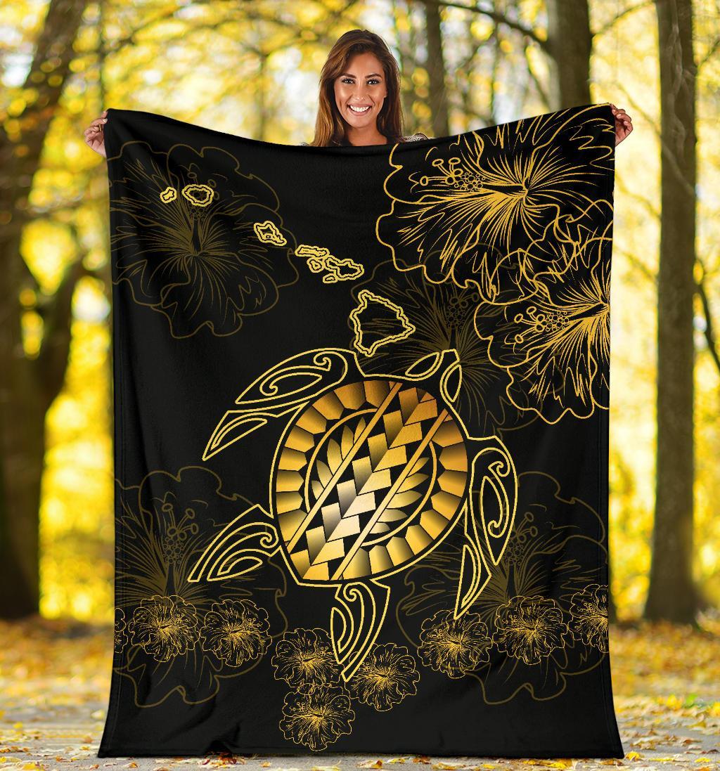 Hawaiian Turtle Hibiscus Premium Blanket - Flora Style - Polynesian Pride