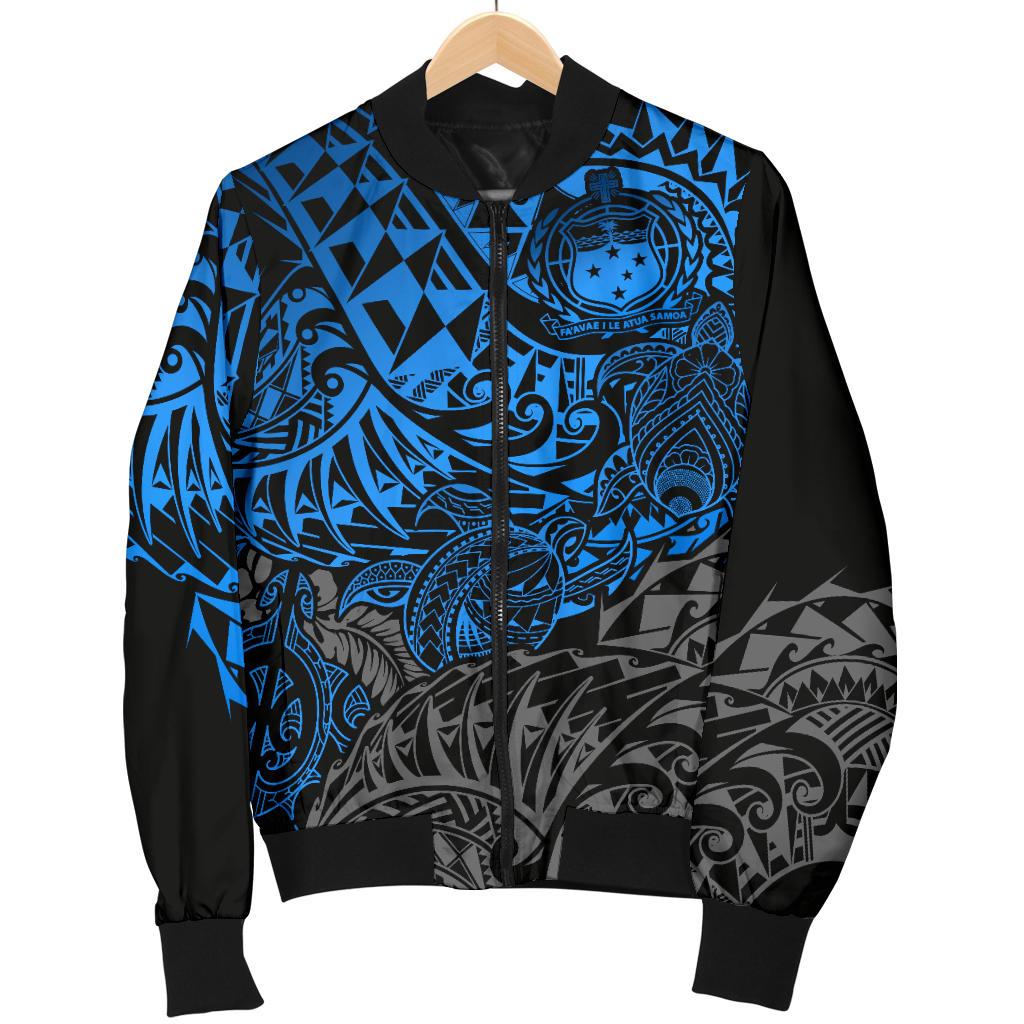 Samoa Polynesian Bomber Jacket (Men) - Blue Turtle Flowing - Polynesian Pride