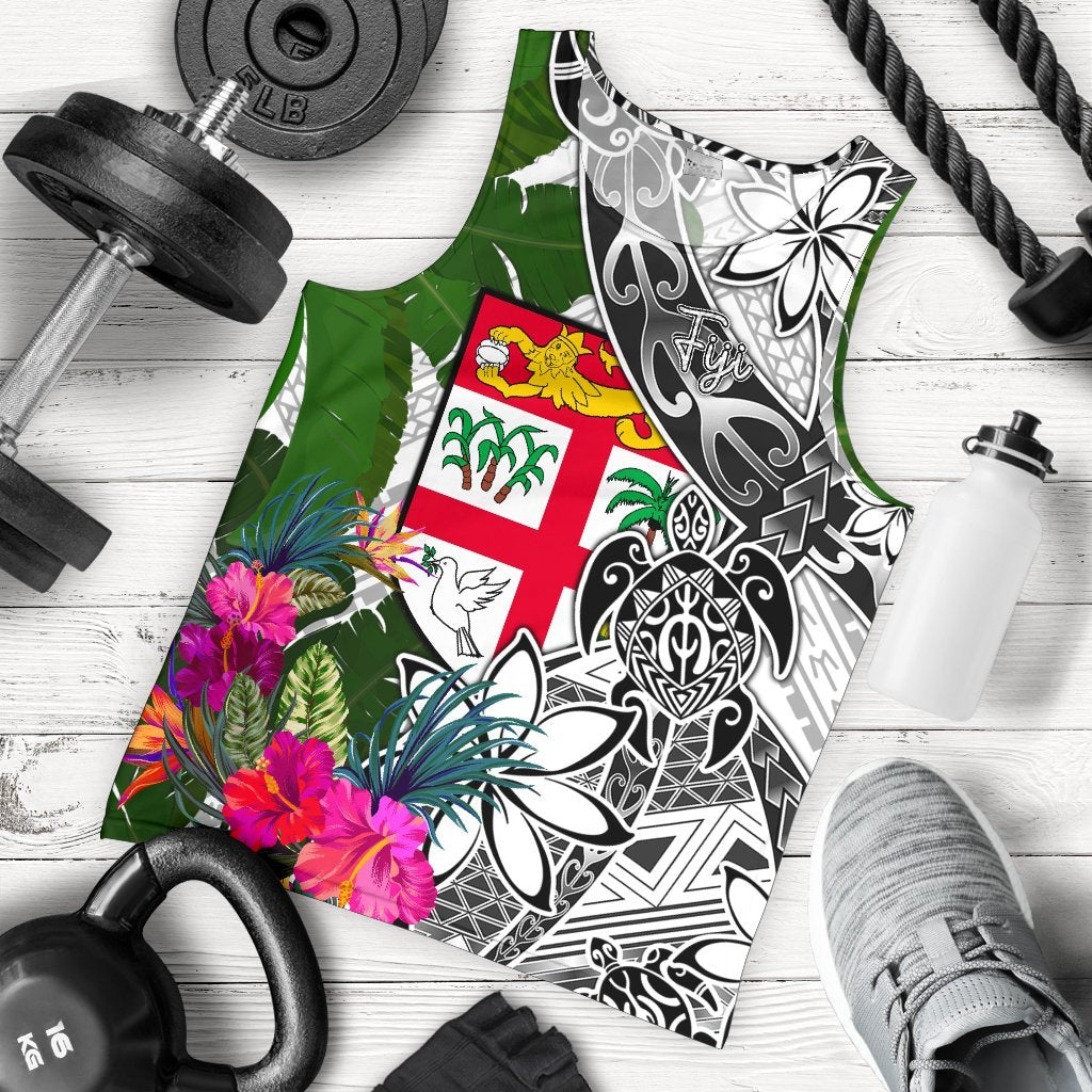 Fiji Men's Tank Top White - Turtle Plumeria Banana Leaf White - Polynesian Pride