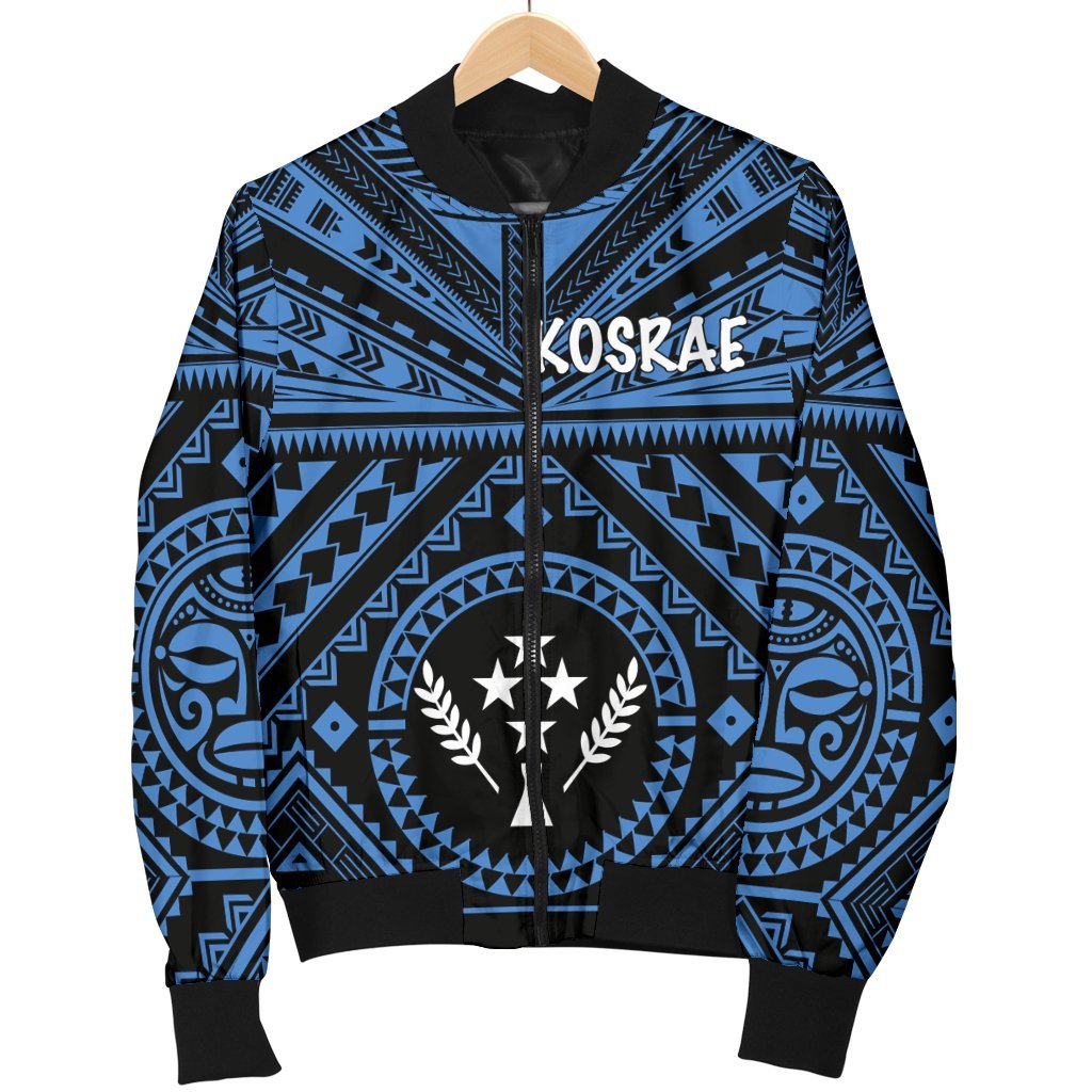 Kosrae Men's Bomber Jacket - Kosrae Flag In Polynesian Tattoo Style (Blue) - Polynesian Pride