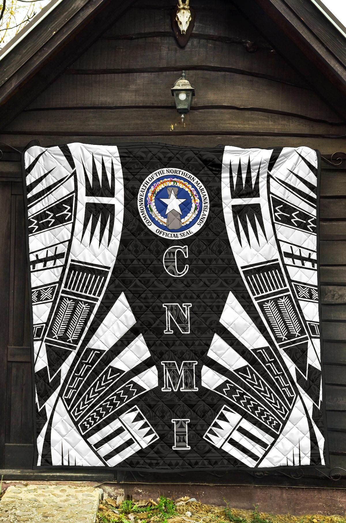 Northern Mariana Islands Premium Quilt - Northern Mariana Islands Seal Polynesian White Tattoo (Black) - Polynesian Pride