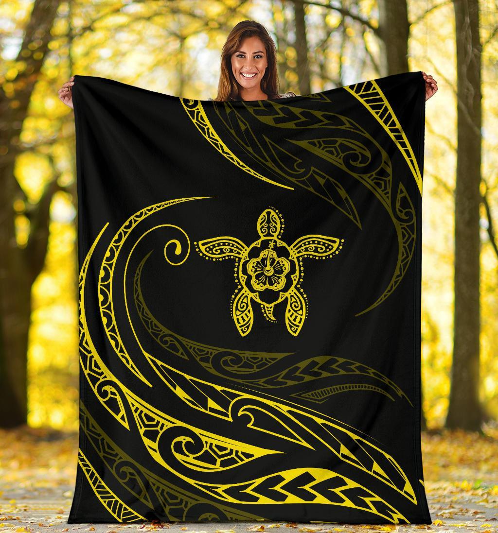 Hawaii Turtle Hibicus Premium Blanket - Frida Style - Yellow - Polynesian Pride