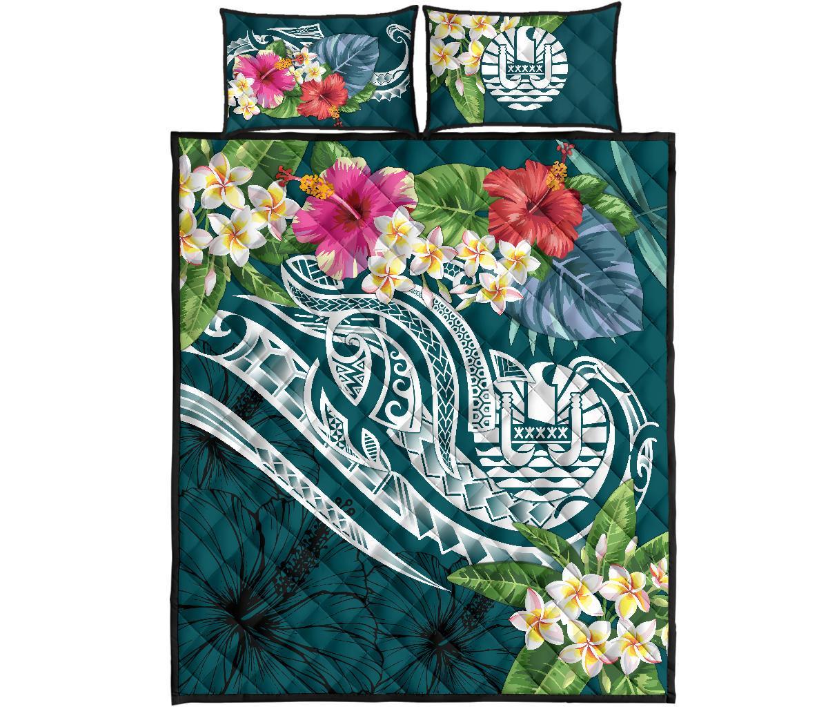 Tahiti Polynesian Quilt Bed Set - Summer Plumeria (Turquoise) - Polynesian Pride