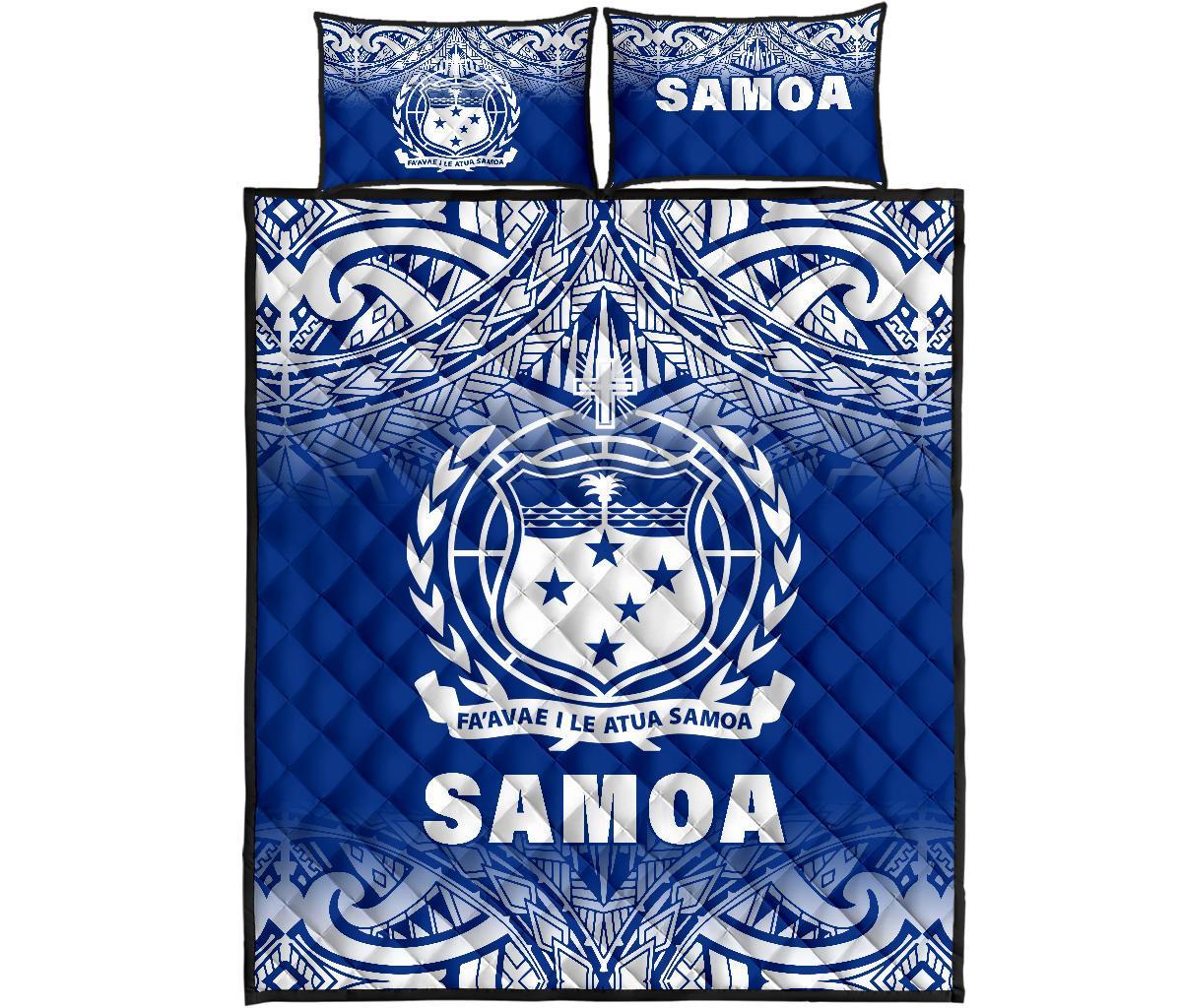 Samoa Quilt Bed Set - Samoa Coat Of Arms Polynesian Tattoo Blue Fog White Version Blue - Polynesian Pride