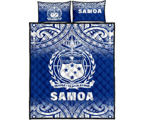 Samoa Quilt Bed Set - Samoa Coat Of Arms Polynesian Tattoo Blue Fog White Version Blue - Polynesian Pride