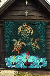 Hawaii Map Turtle Hibiscus Polynesian Luxury Premium Quilt - Honu Ohana - Polynesian Pride