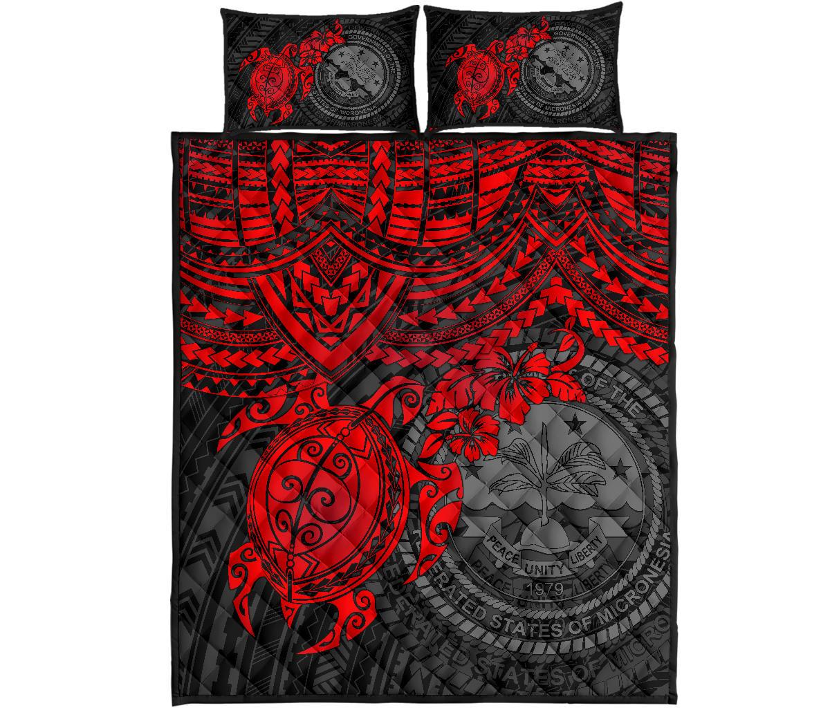 Federated States Of Micronesia Quilt Bed Set - Federated States Of Micronesia Seal & Red Turtle Hibiscus - Polynesian Pride