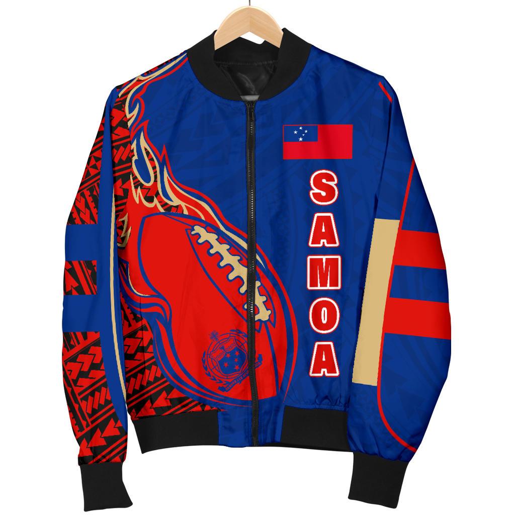 Samoa Men's Bomber Jacket - Rugby Ball Fire - Polynesian Pride