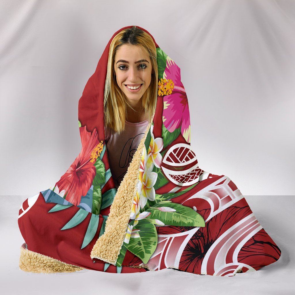 Wallis and Futuna Polynesian Hooded Blanket - Summer Plumeria (Red) - Polynesian Pride