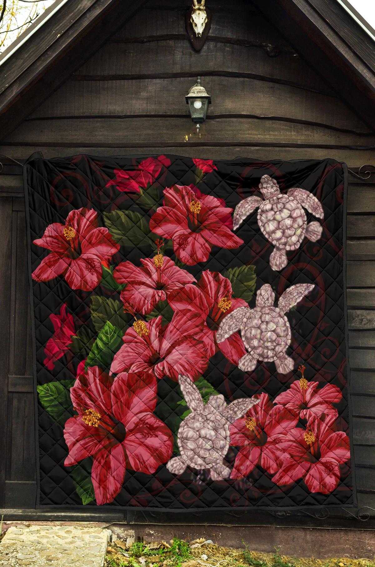 Hawaii Red Hibiscus Turtle Premium Quilt - AH - Ray Style - Polynesian Pride