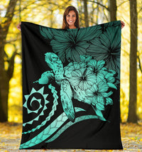 Hawaii Turtle Hibiscus Polynesian Vintage Premium Blanket - Turquoise - Polynesian Pride