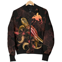 Papua New Guinea Polynesian Men's Bomber Jacket - Turtle With Blooming Hibiscus Gold - Polynesian Pride