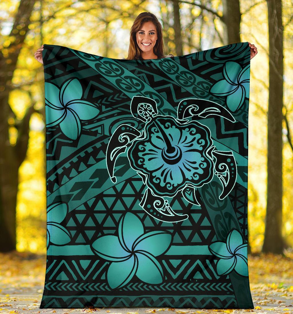 Hawaii Mix Polynesian Turtle Plumeria Premium Blanket - AH - Nick Style - Turuqoise - Polynesian Pride