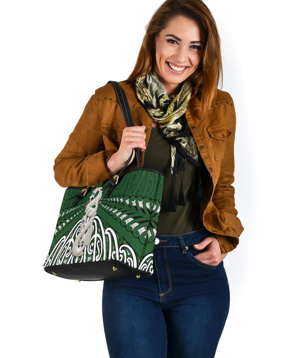 Maori Moko Tattoo Small Leather Tote, Manaia Pounamu - Polynesian Pride