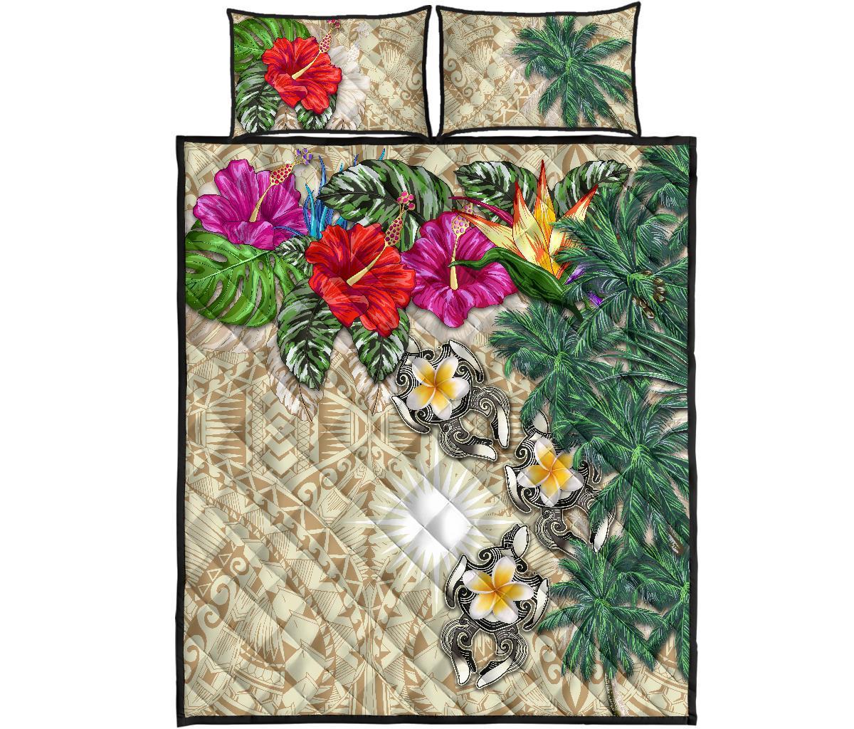 Marshall Islands Polynesian Quilt Bed Set - Hibiscus Turtle Tattoo Beige - Polynesian Pride