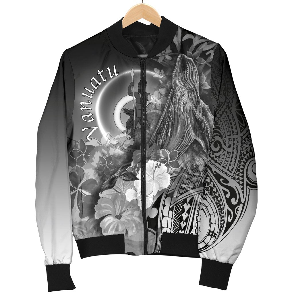Vanuatu Men's Bomber Jacket - Humpback Whale with Tropical Flowers (White) - Polynesian Pride