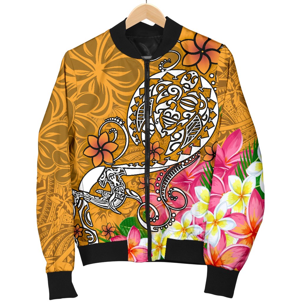 Polynesian Men's Bomber Jacket - Turtle Plumeria Gold Color - Polynesian Pride