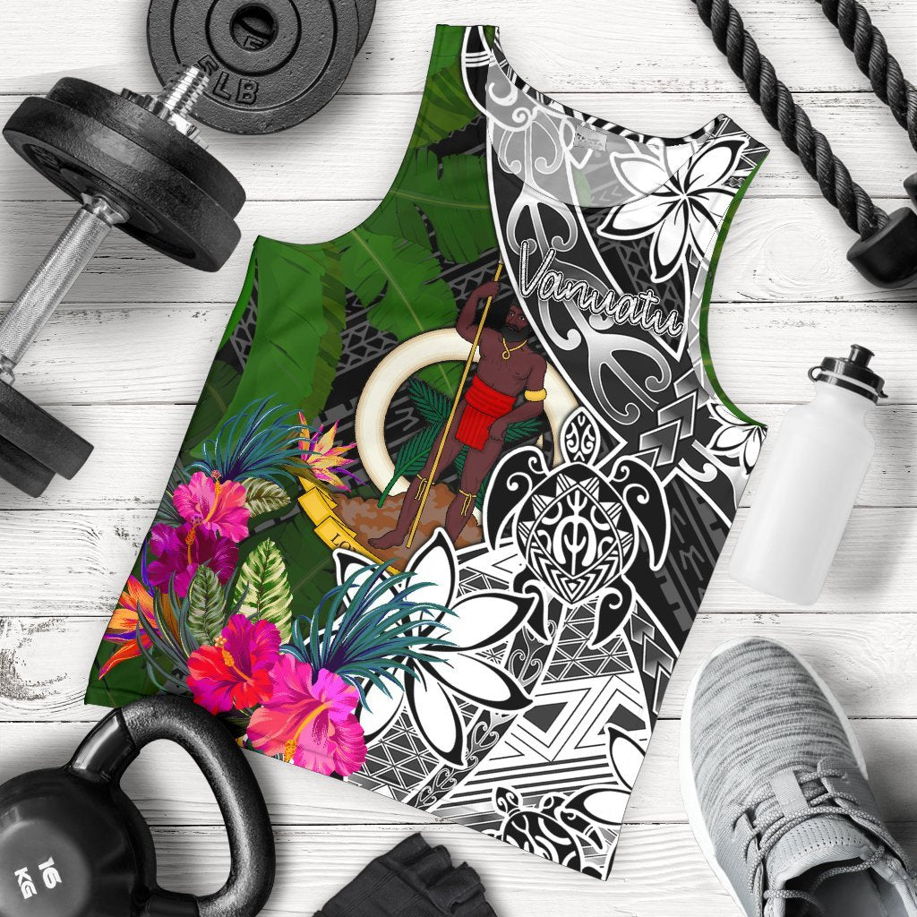 Vanuatu Men Tank Top - Turtle Plumeria Banana Leaf Black - Polynesian Pride