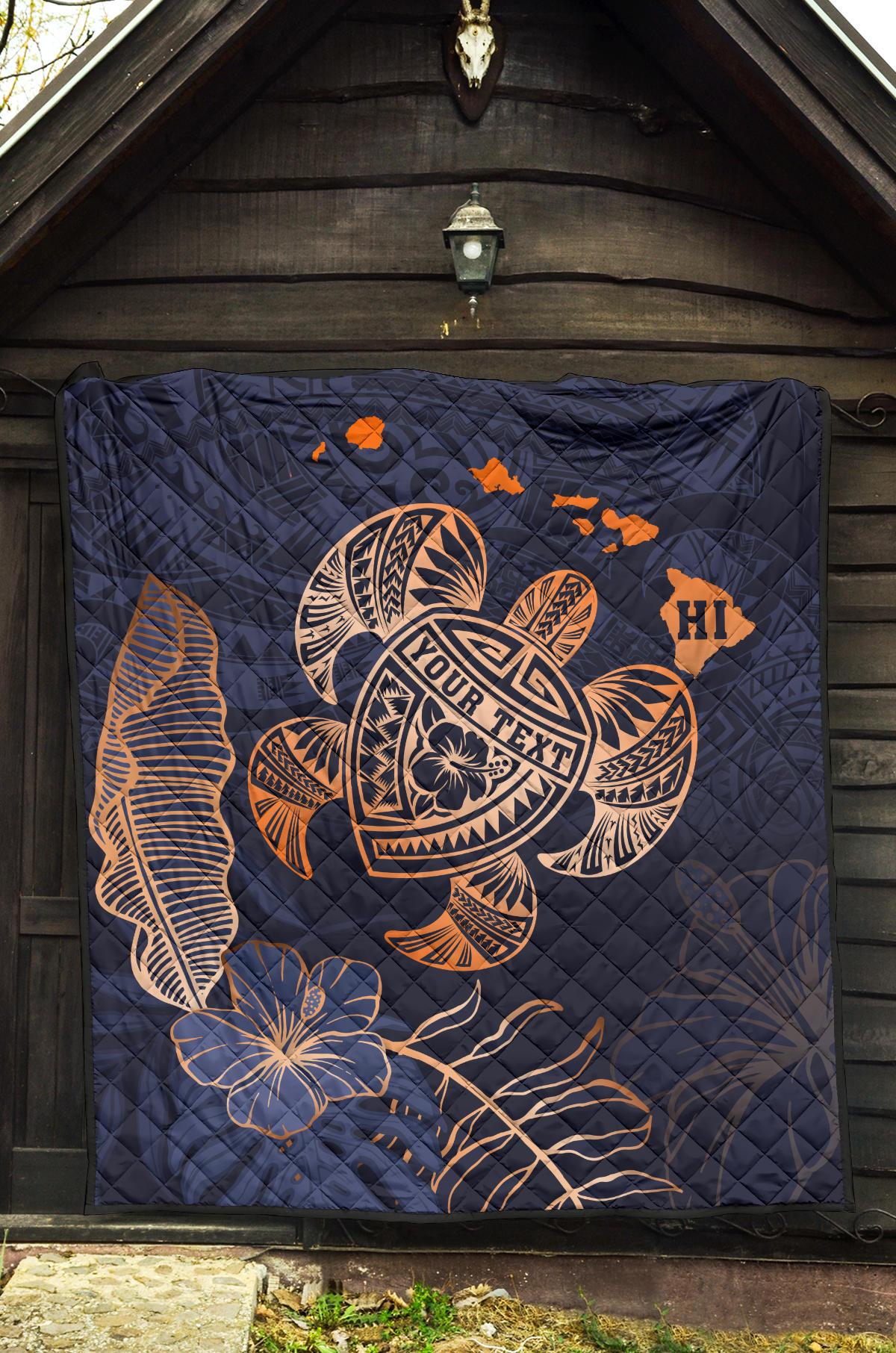 Personalized - Hawaii Kakau Polynesian Turtle Map Premium Quilt - Indigo Special Edition - Polynesian Pride