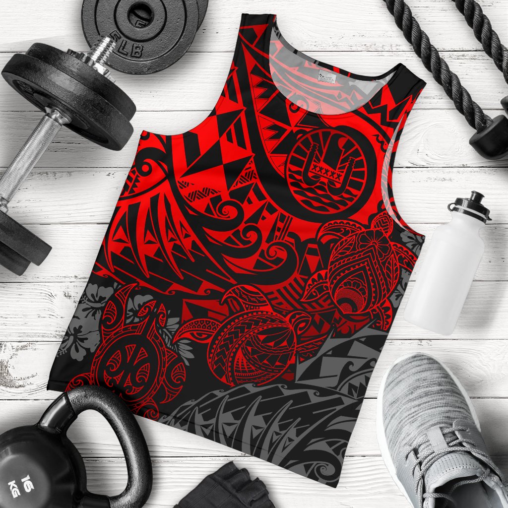 Tahiti Polynesian Men Tank Top - Red Turtle Hibiscus Flowing RED - Polynesian Pride