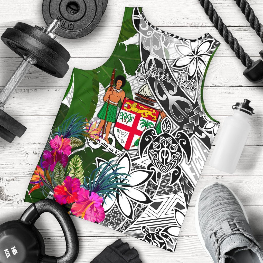 Fiji Custom Personalised Men's Tank Top White - Turtle Plumeria Banana Leaf Crest White - Polynesian Pride