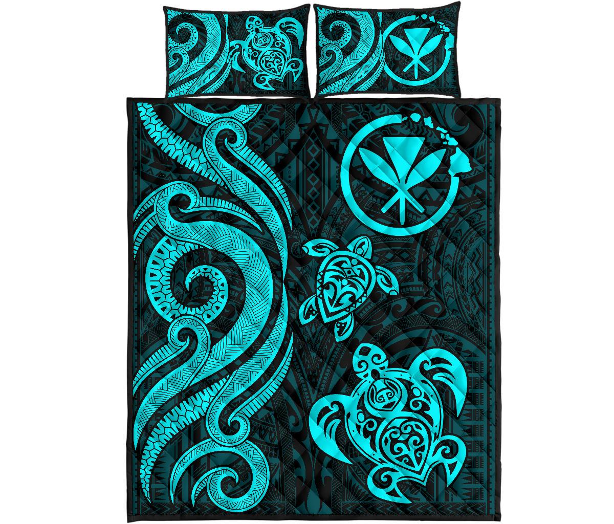 Hawaii Polynesian Quilt Bed Set - Turquoise Kanaka Maoli Tentacle Turtle - Polynesian Pride